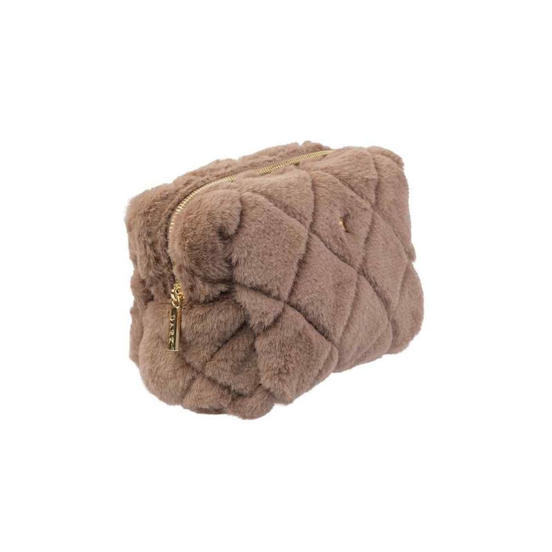 Faux Fur Quilted Make-Up Pouch - Small